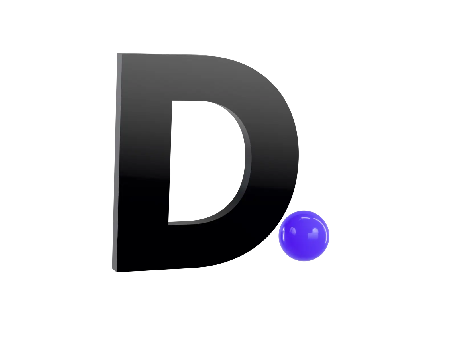 La letra D de Digitdeck en vidrio obsidiana, con un punto violeta.
