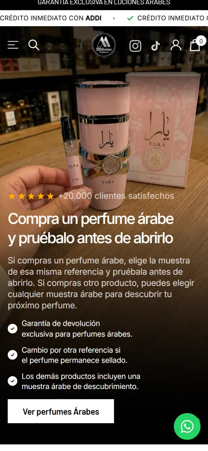 Perfumería Millennio: página de inicio en celular.