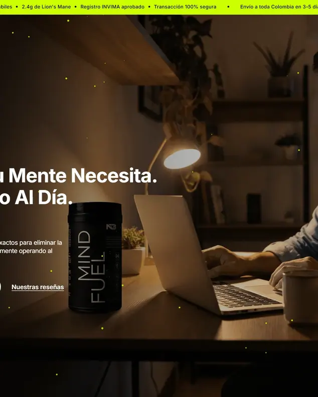 Mindfuel: página de inicio en computador, recorte vertical.