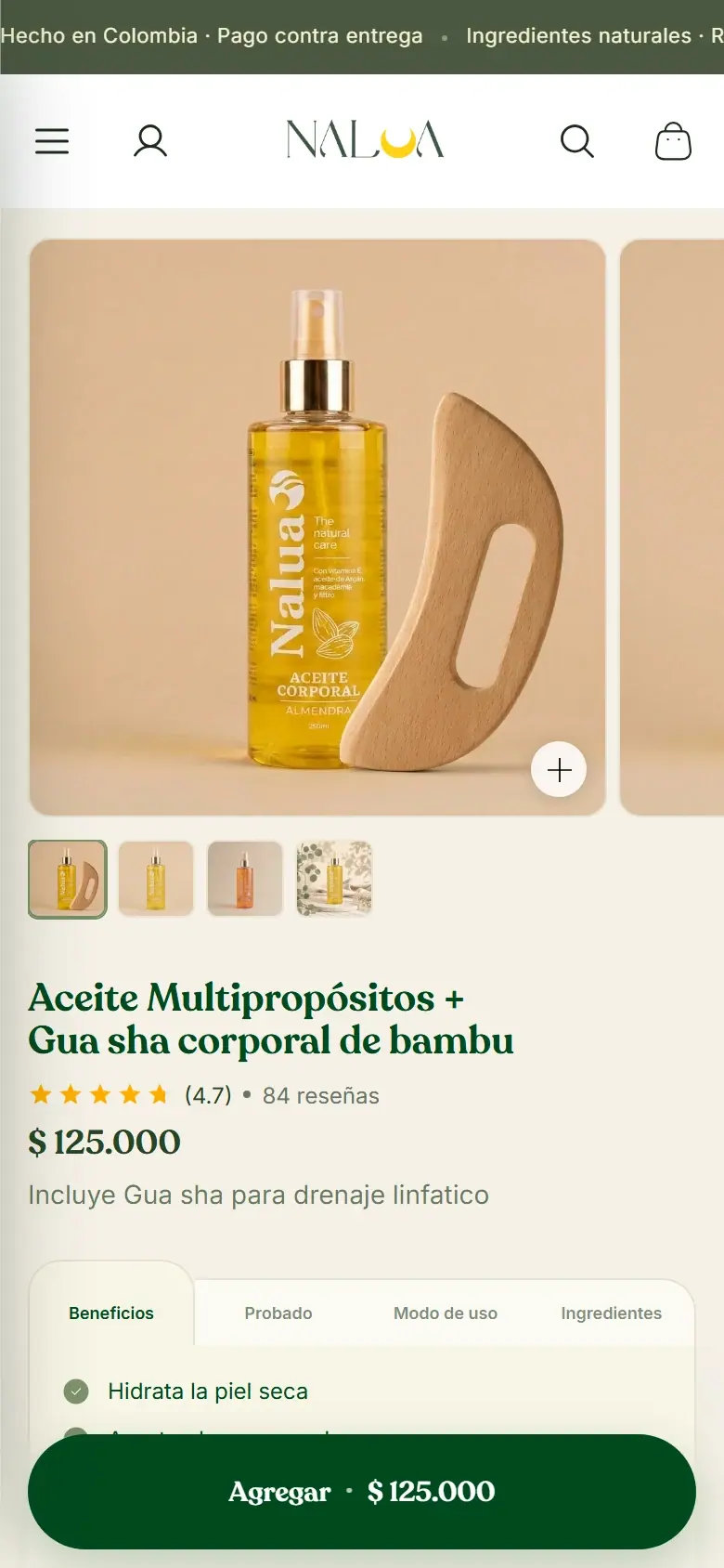 Nalua Skincare: página de producto en celular.