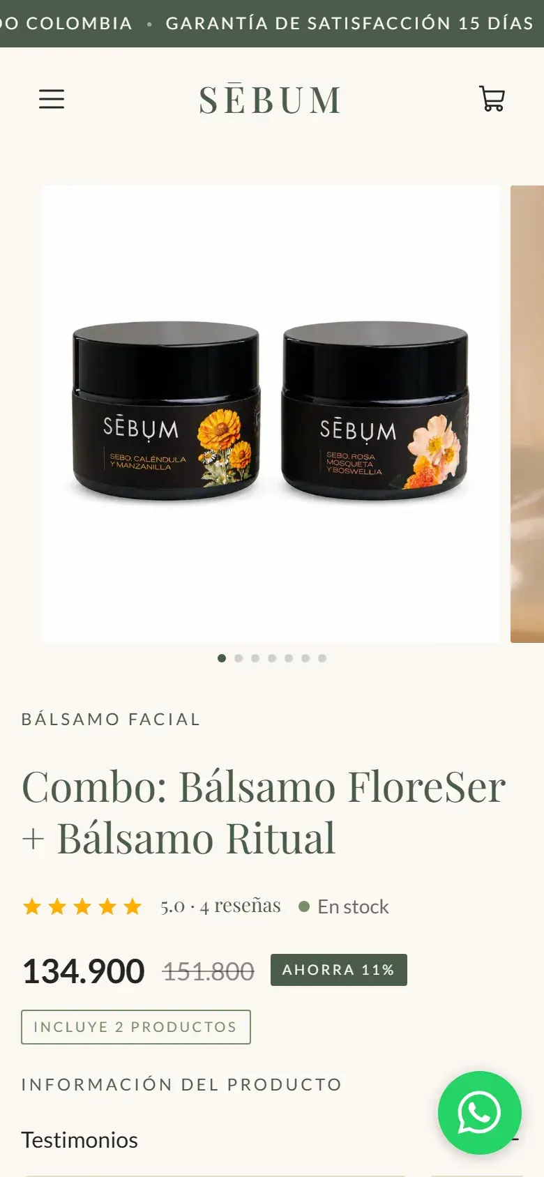 Sebum: página de producto en celular.