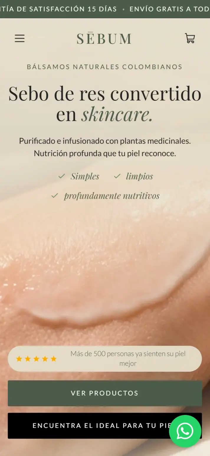 Sebum: página de inicio en celular.